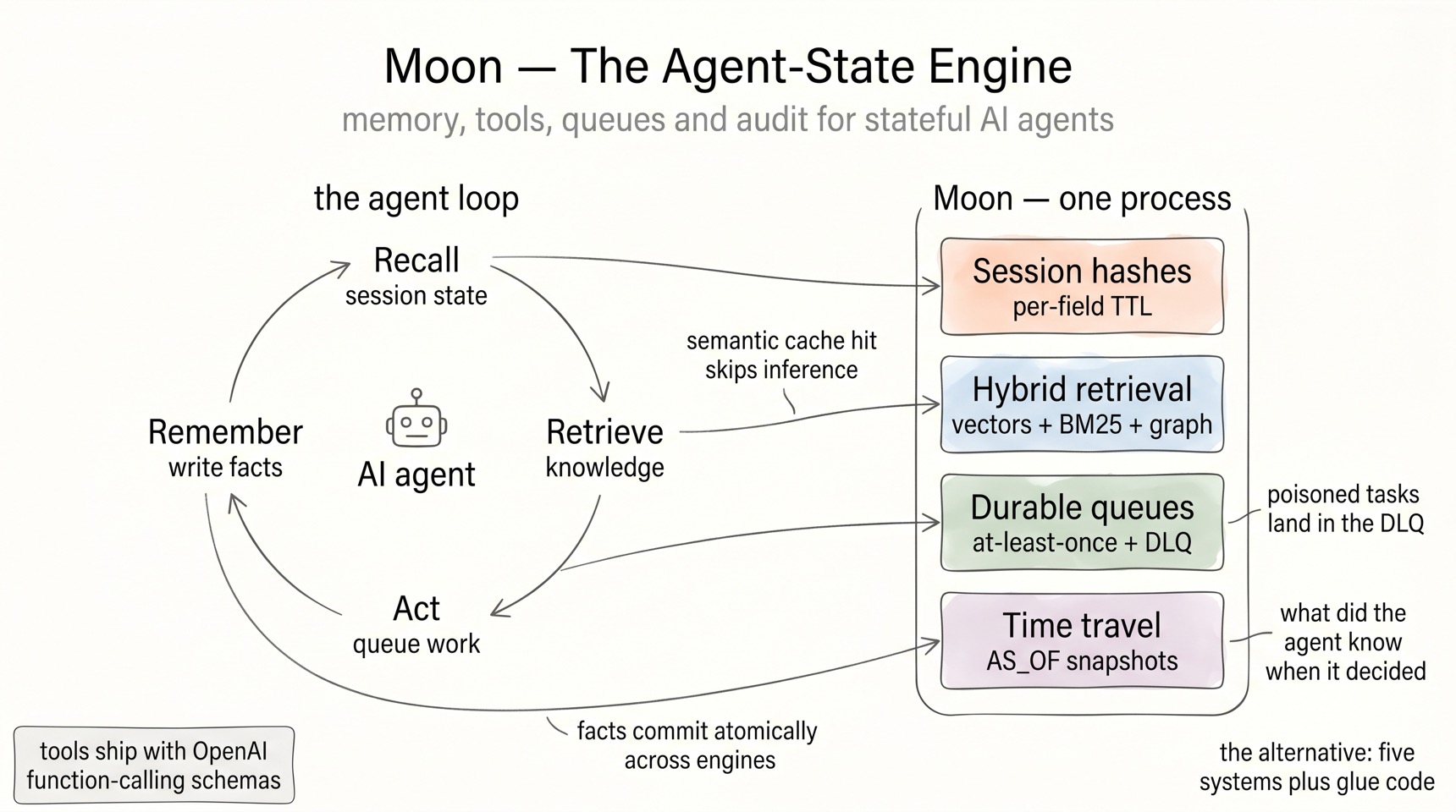 Moon β the agent-state engine: memory, tools, queues, and audit for stateful AI agents